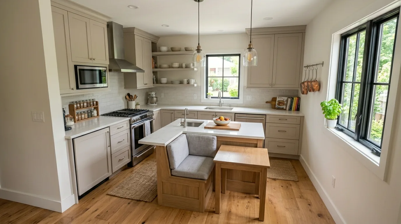 Small family kitchen with island seating for two and built in microwave storage