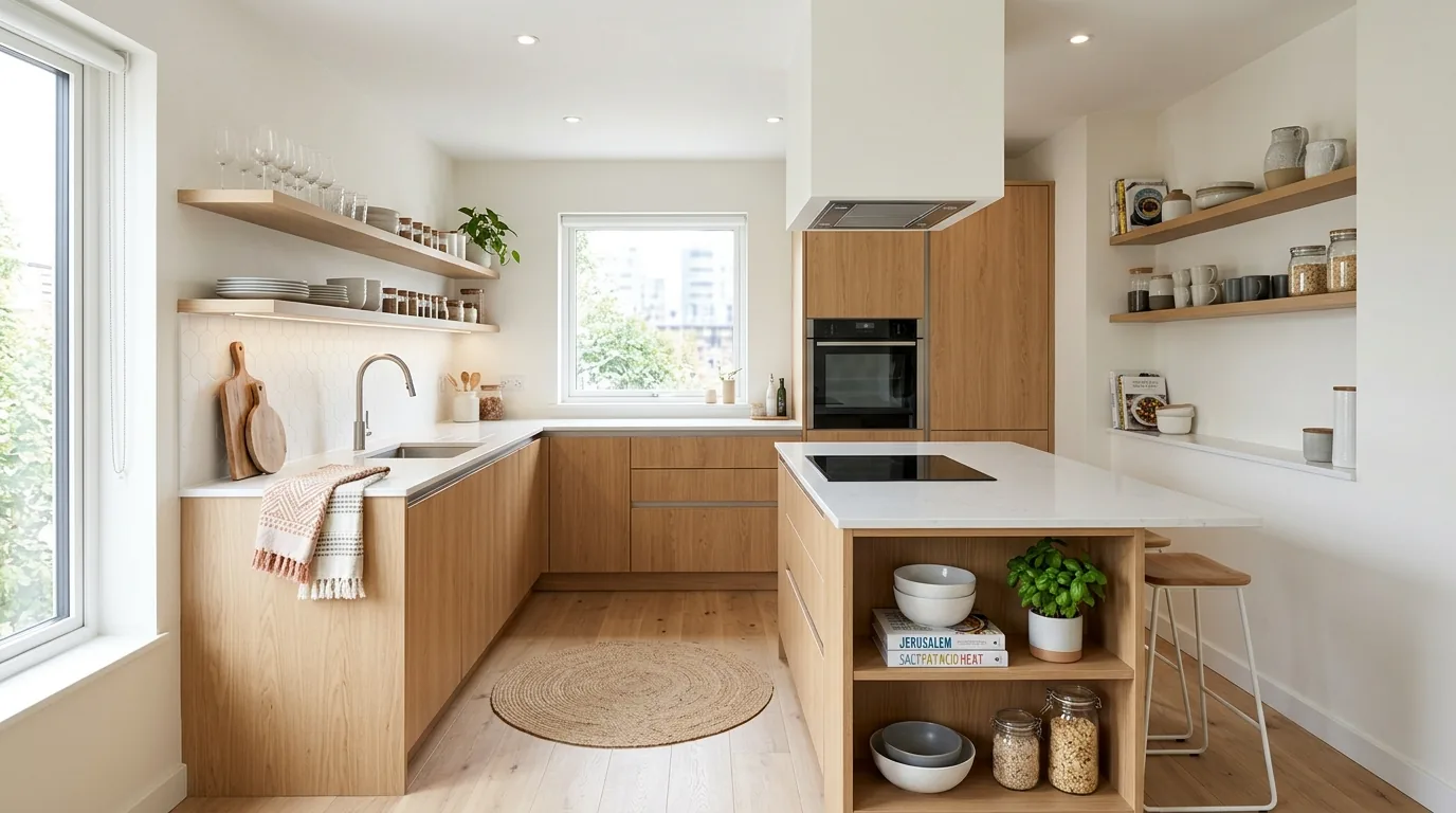 Small kitchen with rounded island corners and warm stone counter