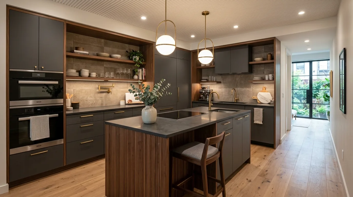 Luxury compact kitchen with dark island