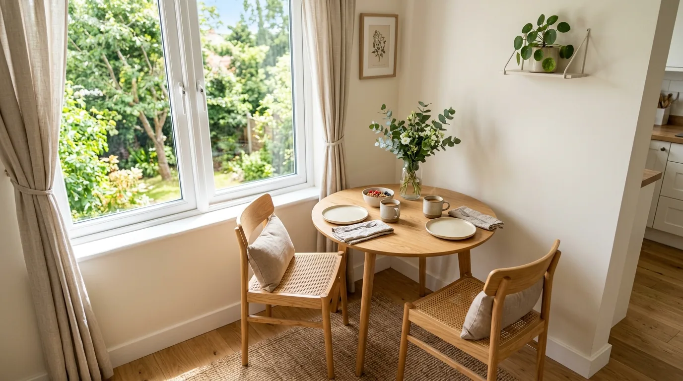 Scandinavian breakfast nook with pale wood table