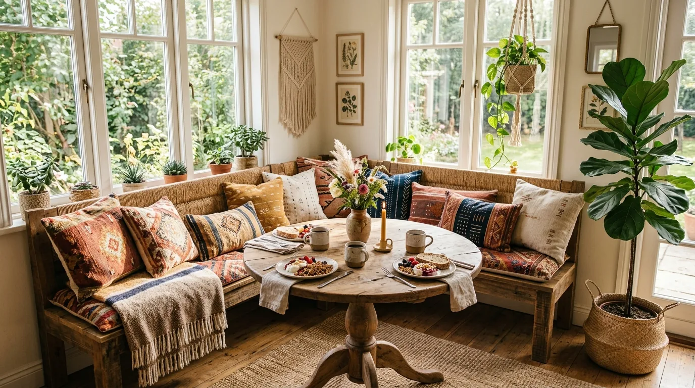 Farmhouse breakfast nook with rustic table