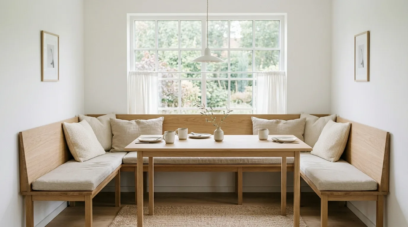 Small apartment nook with wall mounted bench and pedestal bistro table