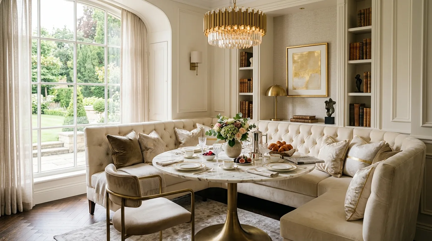 Modern breakfast corner with curved banquette and oval table