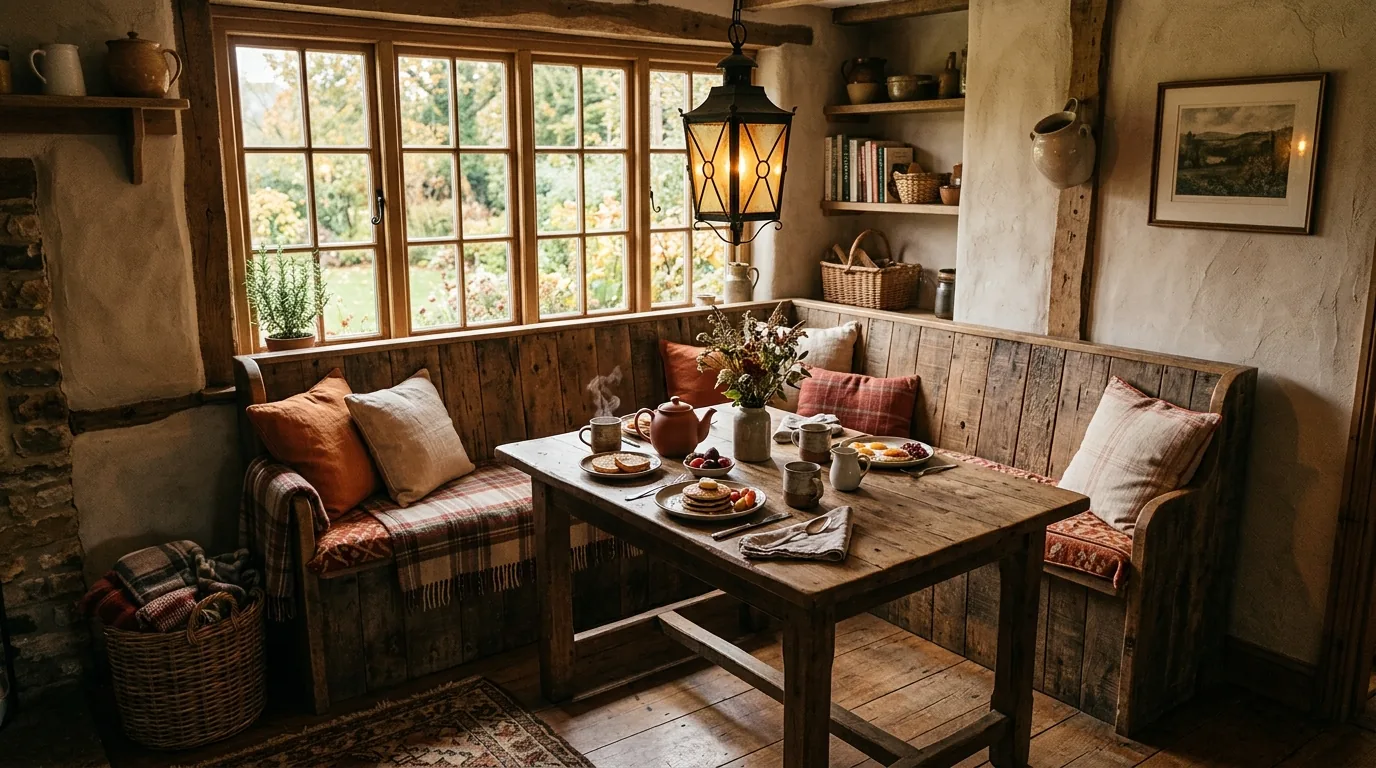 Nook framed by windows with layered neutral textiles and ceramic centerpiece