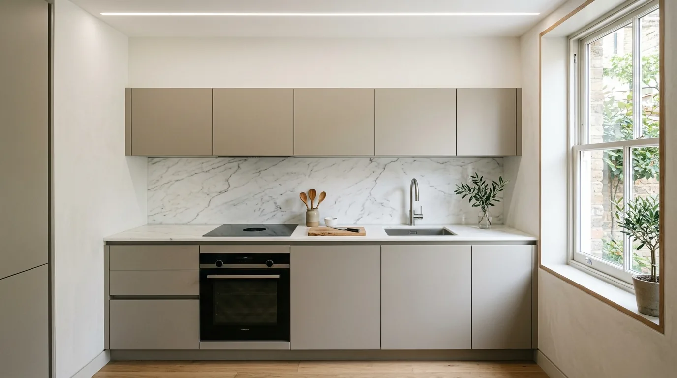 Compact kitchen with brass hardware