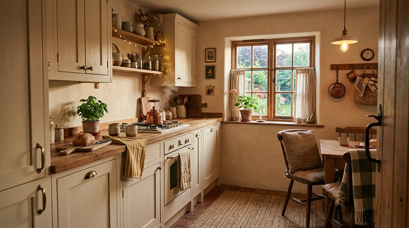 Tiny kitchen with pale blue cabinets