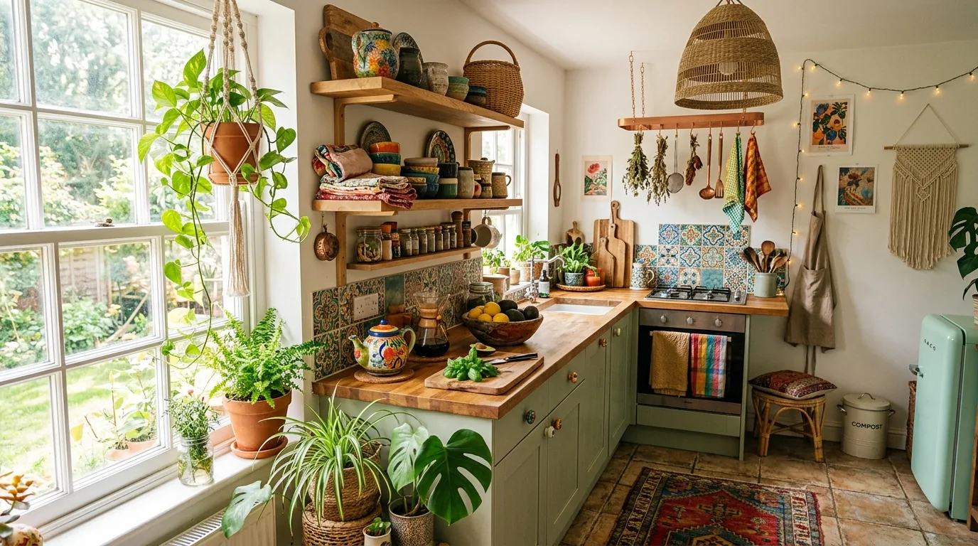Small apartment kitchen with magnetic rail styling and minimal decor shelf
