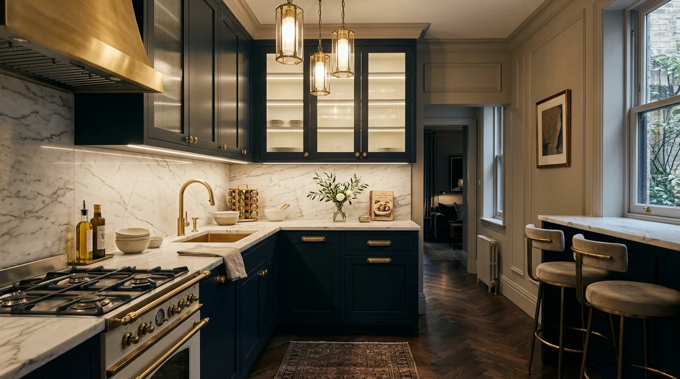 Small kitchen with botanical wallpaper backsplash nook and brass sconces