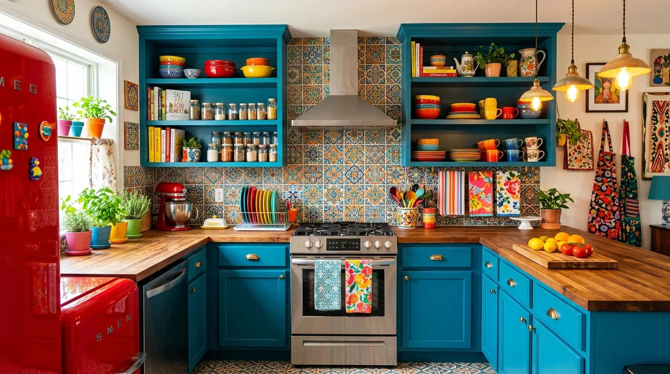 City kitchen with black shelves