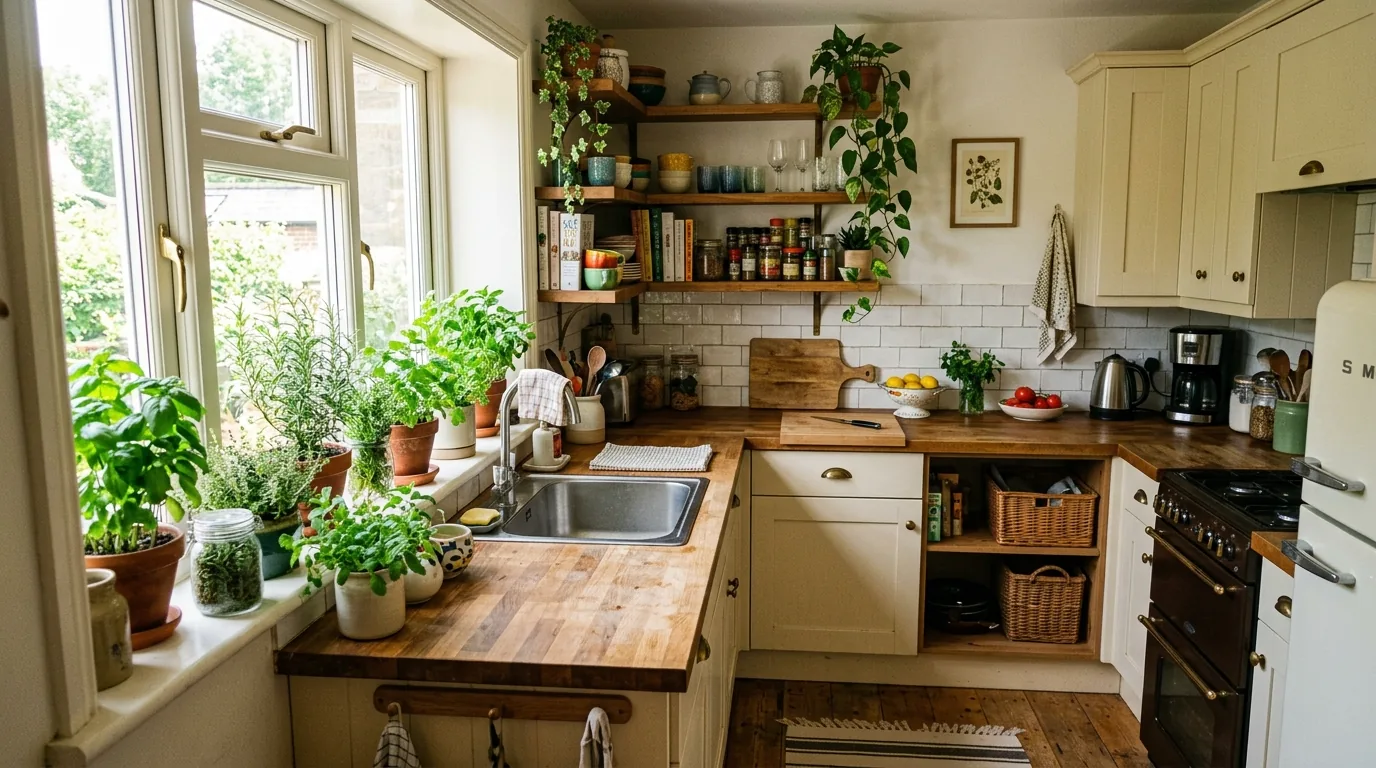 Compact kitchen corner with hanging mugs