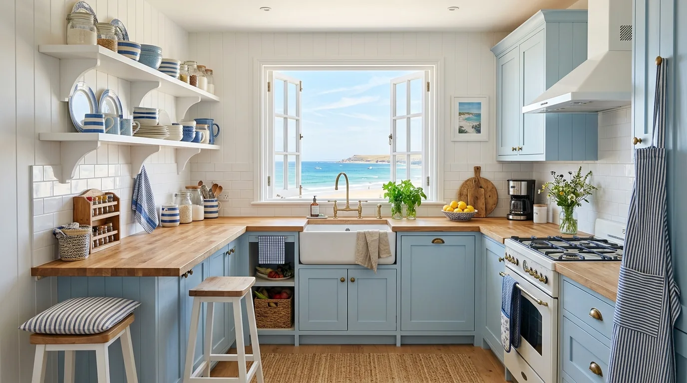 Tiny kitchen with narrow picture ledge for art and cookbook display