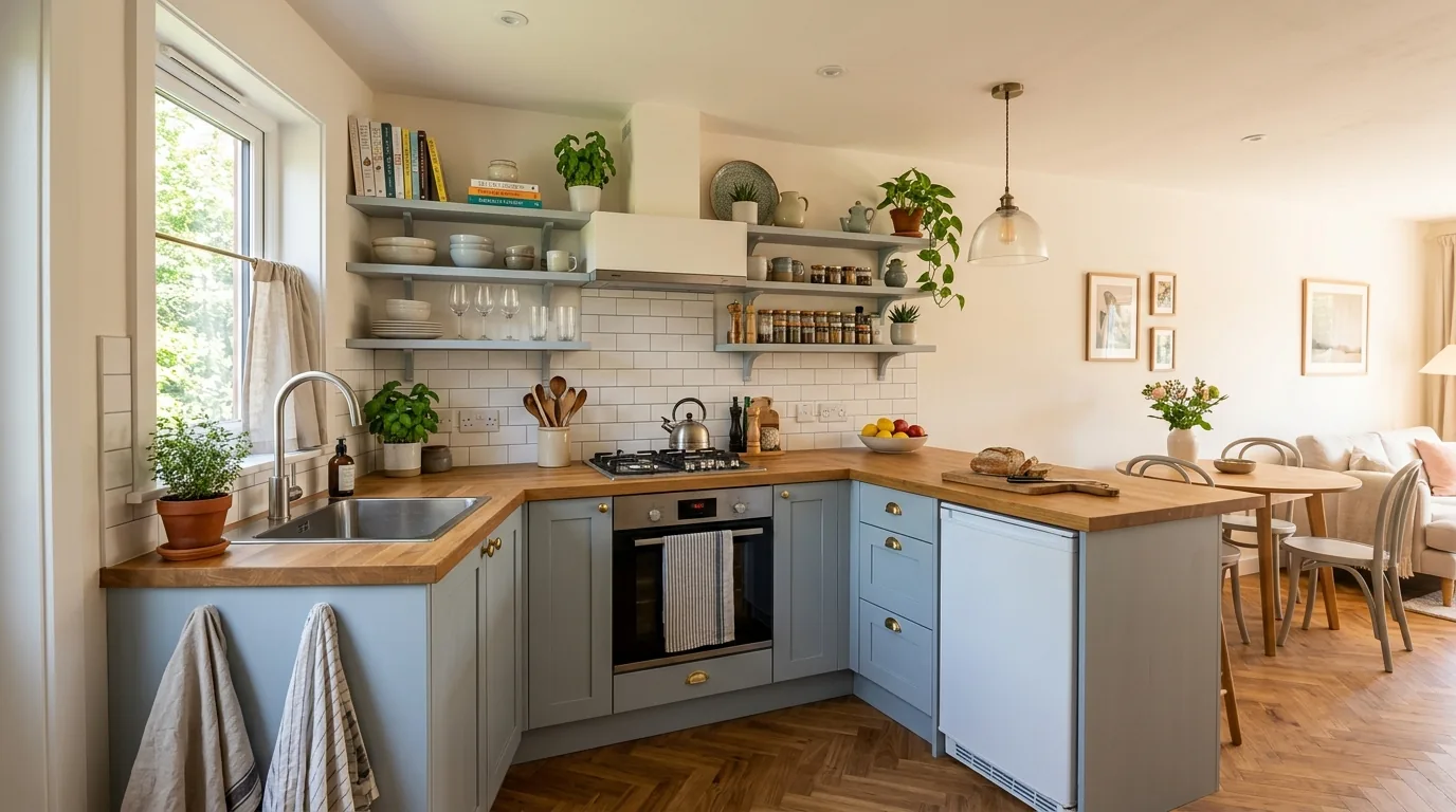 Luxury small kitchen with marble shelf