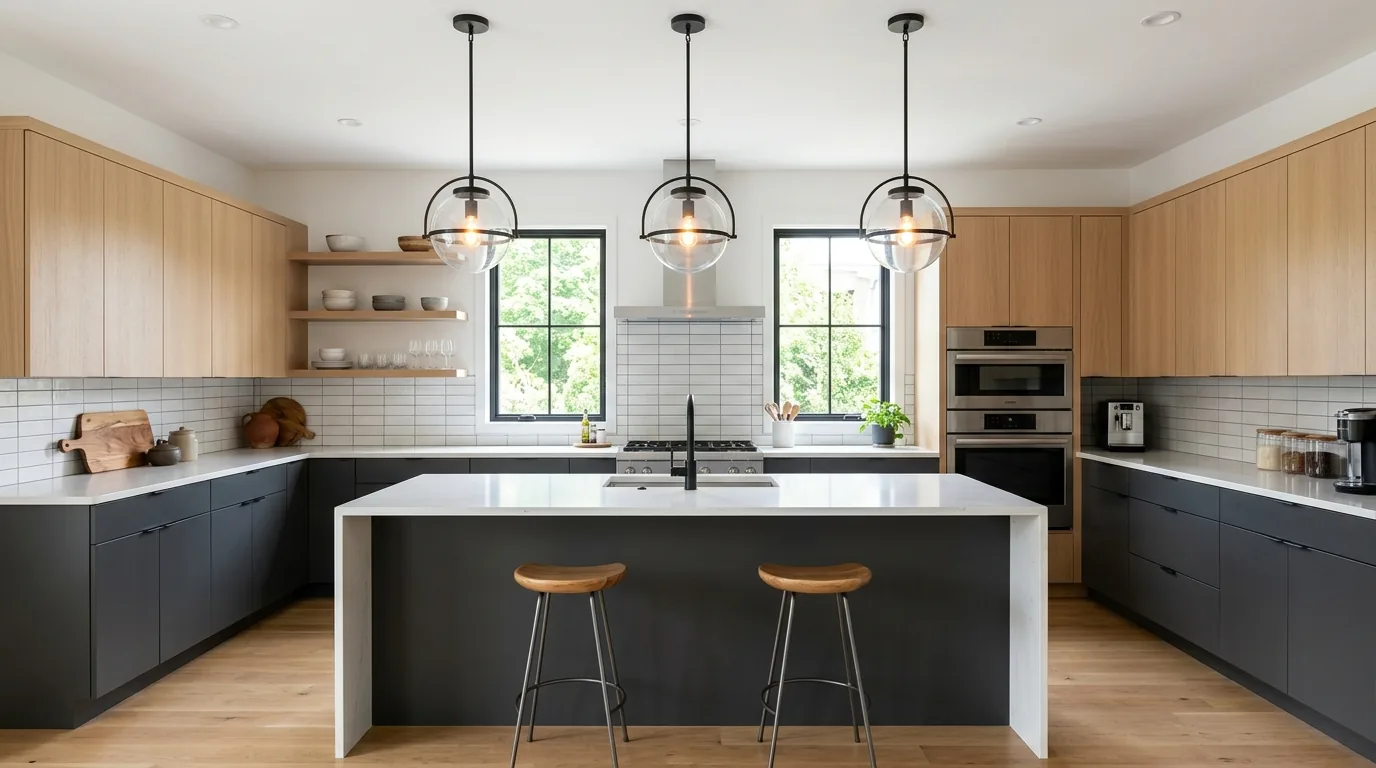 Industrial kitchen with black metal shelving