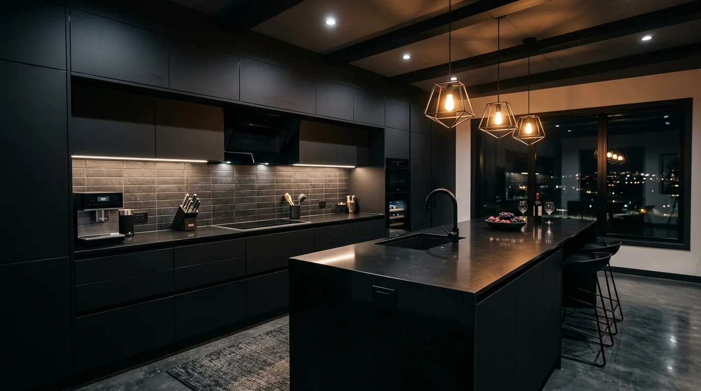 Classic white kitchen with marble counters and black accents