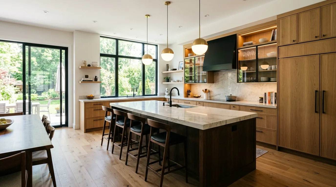 High end open kitchen with layered materials
