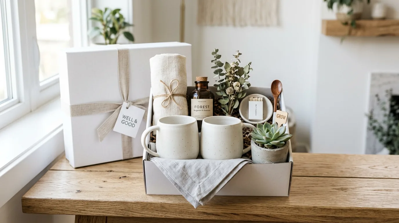 Entry console gift idea with ceramic catchall and small lamp
