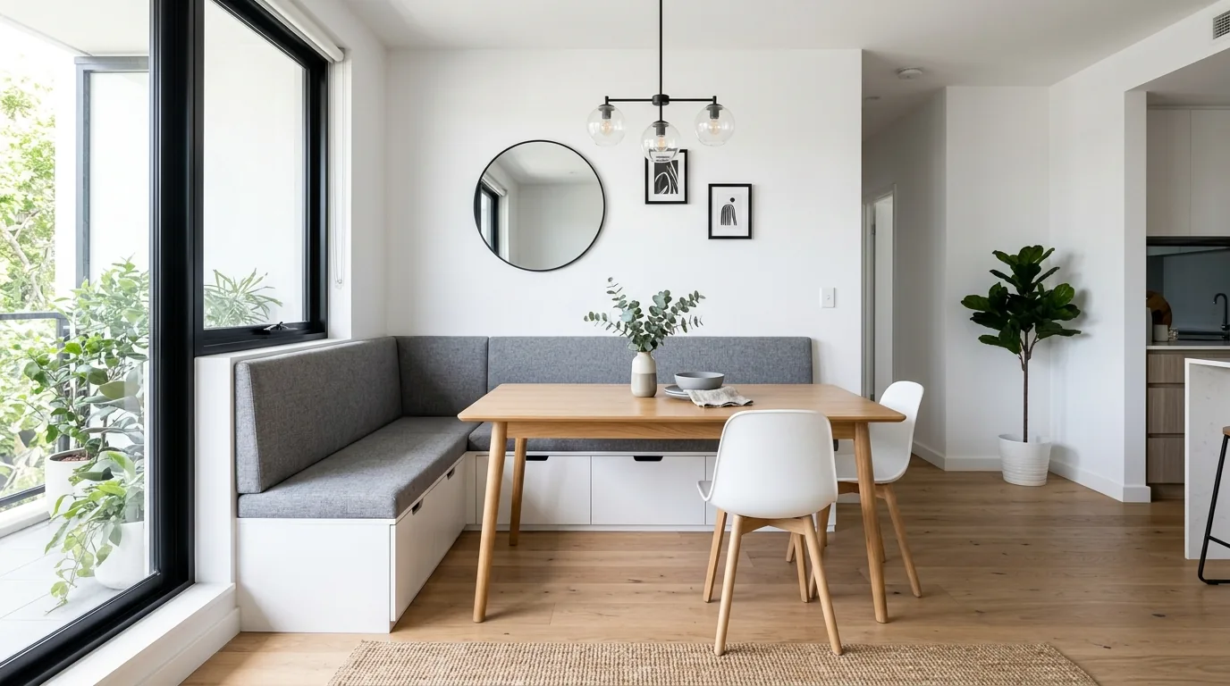 Window side dining nook with built in banquette