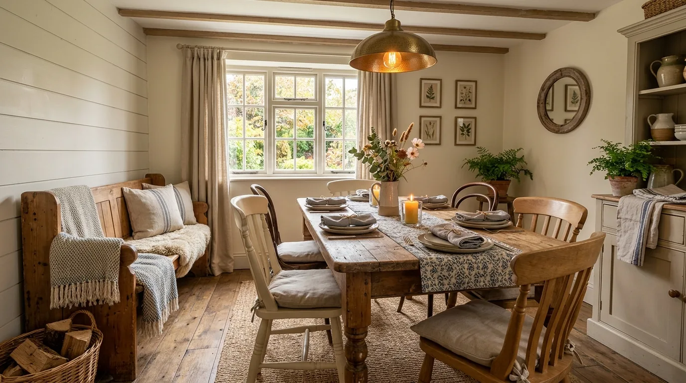 Small dining space with floating shelves above a sideboard