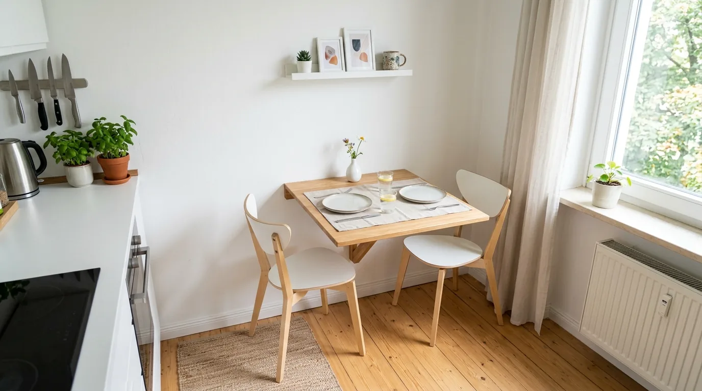 Gallery wall dining nook with compact tulip table