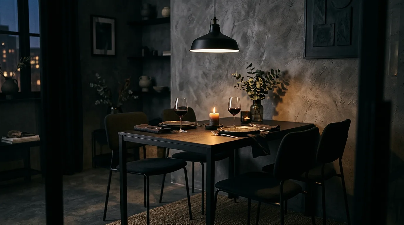 Narrow dining room with runner rug