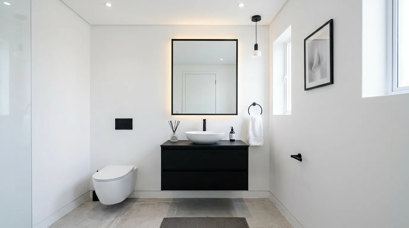 Powder room with bold floral wallpaper and slim marble top vanity