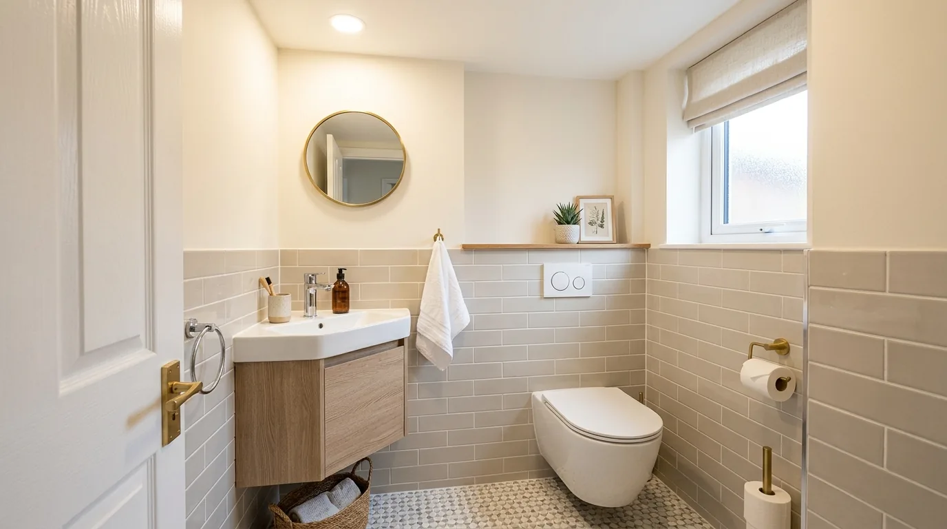 Farmhouse powder room with beadboard wall