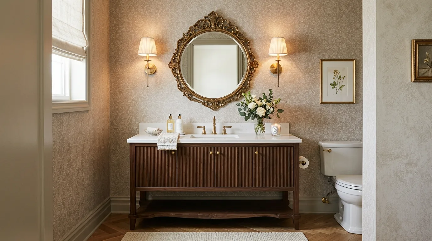 Minimal half bathroom with plaster walls