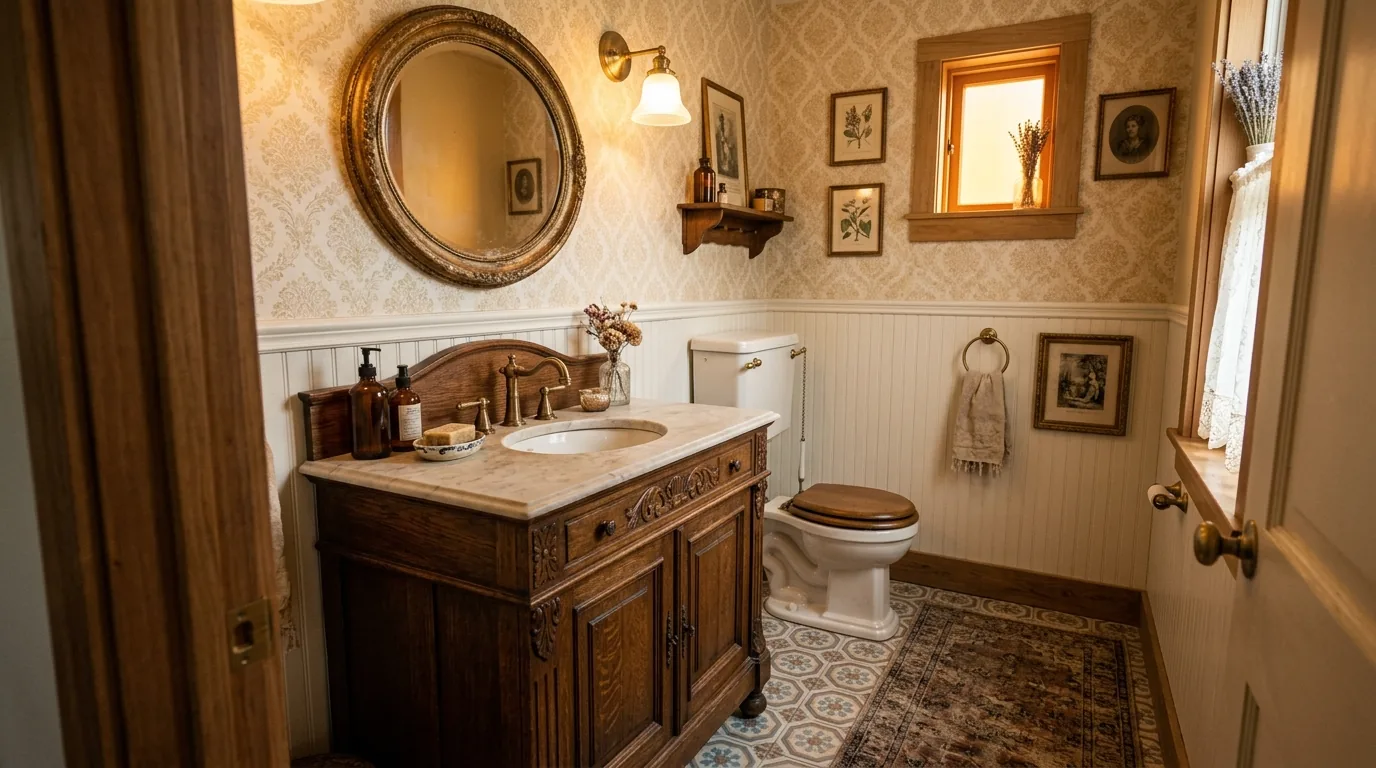 Coastal powder room with soft blue wallpaper