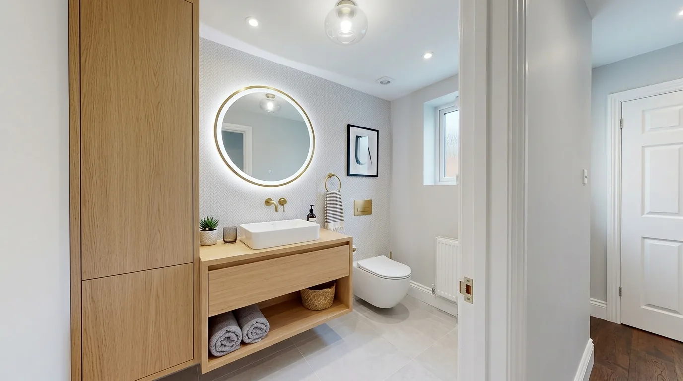High end powder room with jewel toned walls