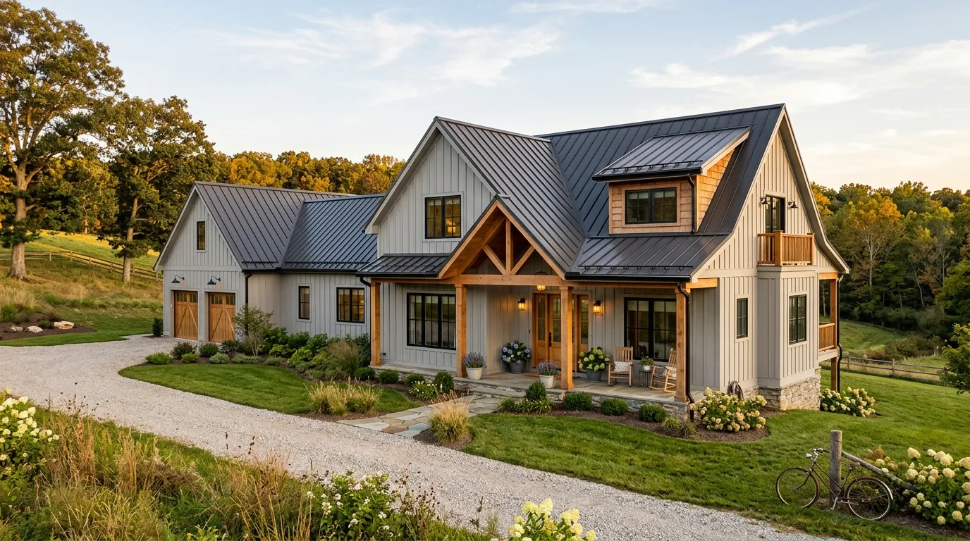 Soft taupe board and batten siding with stone foundation and lantern sconces