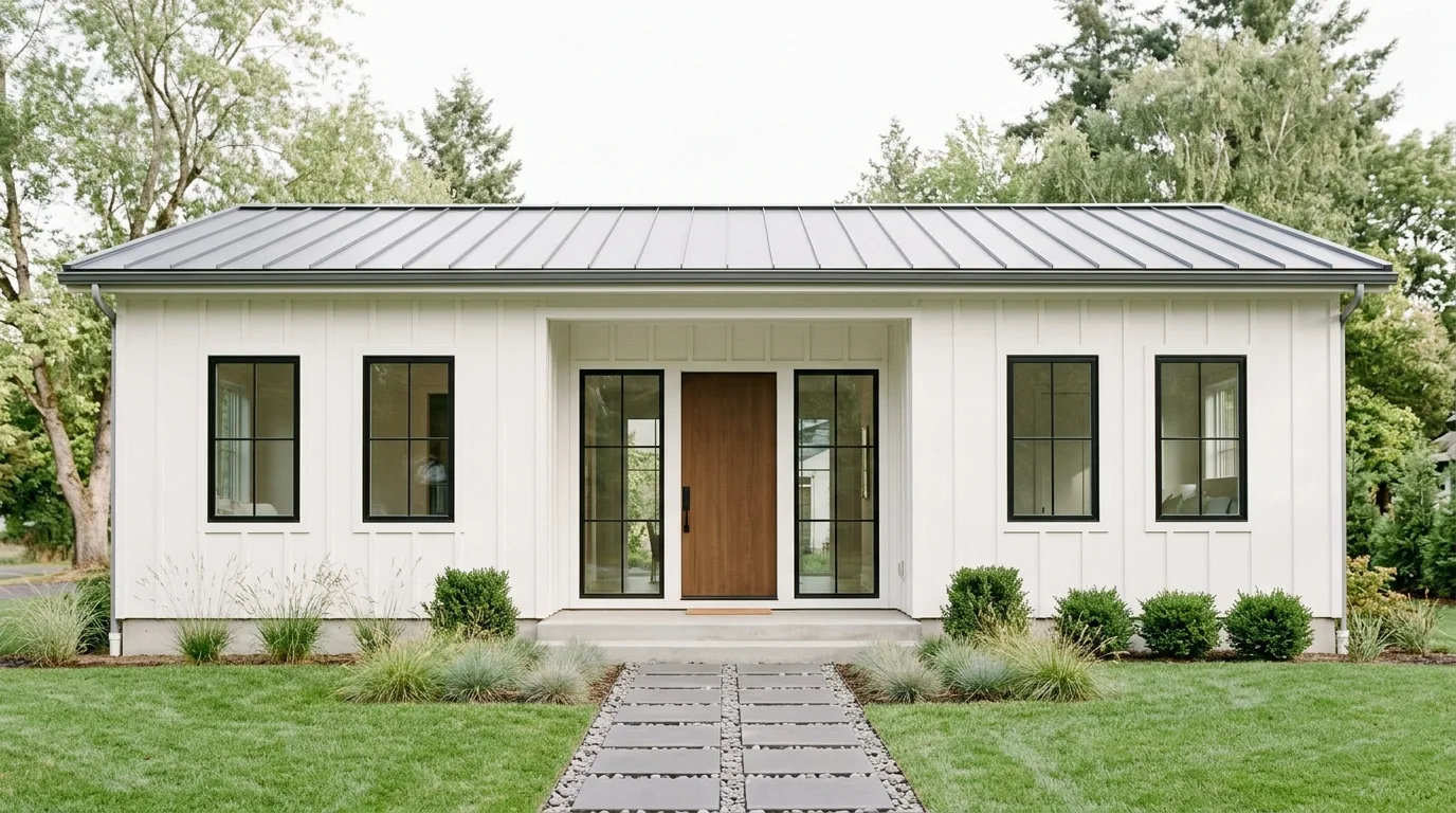Cottage house with sage green board and batten siding and white trim