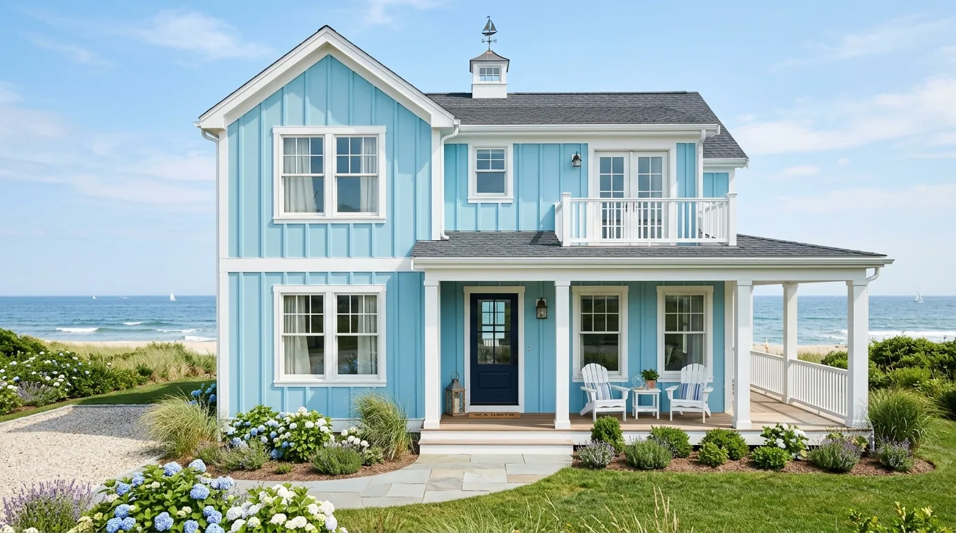 Cream colored exterior with board and batten siding