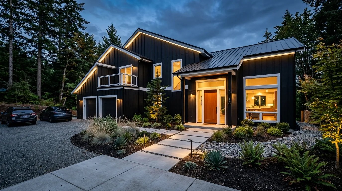 Scandinavian inspired home with pale gray board and batten siding and clean landscaping