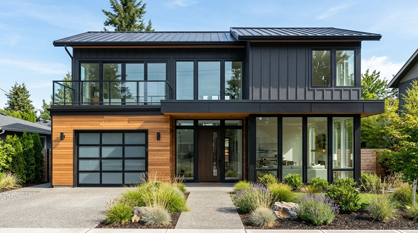 Board and batten garage facade with matching front elevation details and layered planting