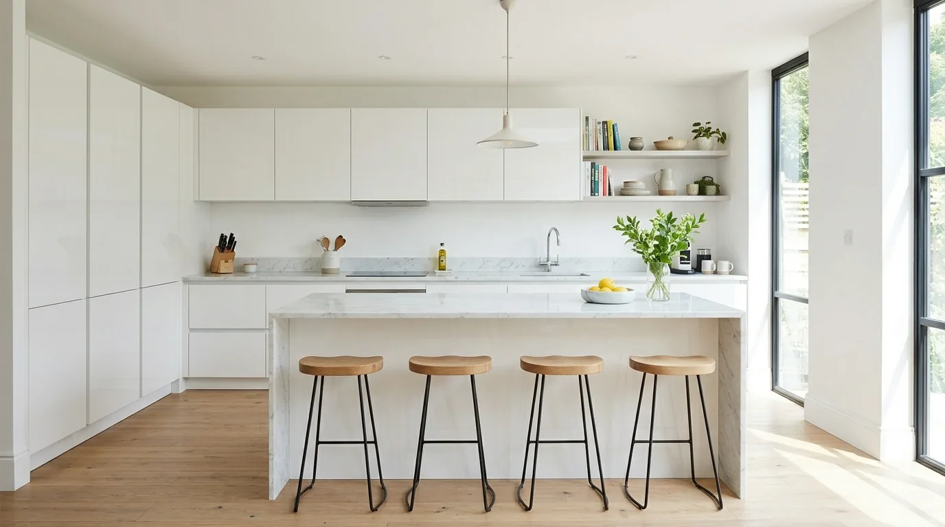 Soft cream kitchen with open shelving and marble backsplash
