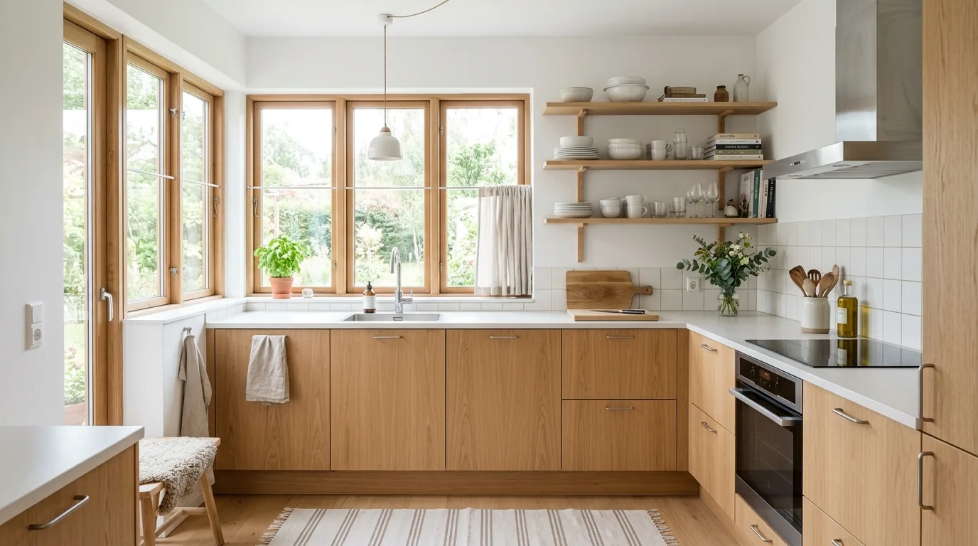 Coastal inspired kitchen with pale blue island and breezy white finishes