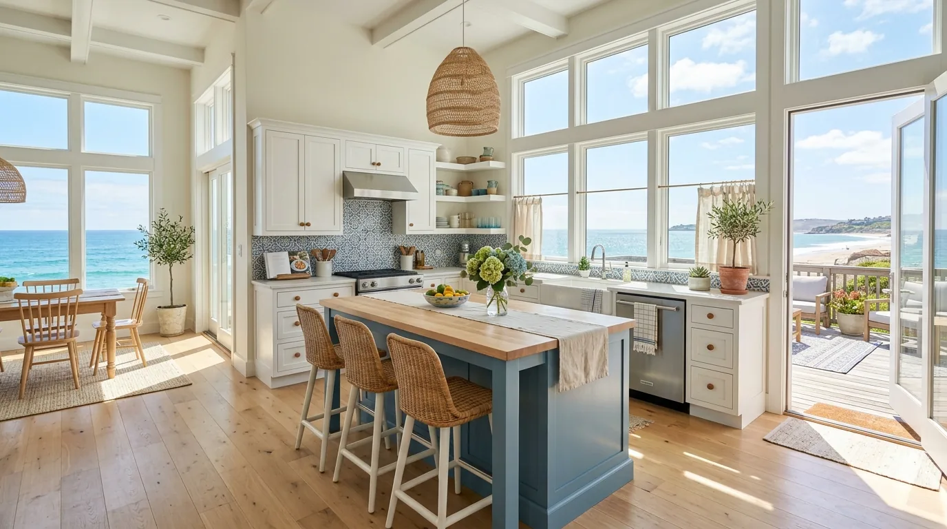 Modern kitchen with glass upper cabinets and reflective stone surfaces