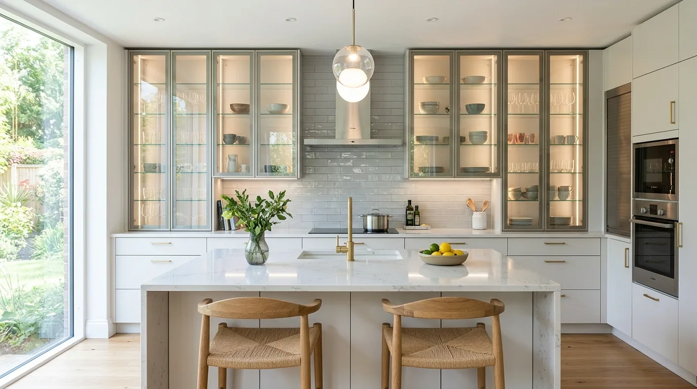 Small kitchen with pale cabinetry