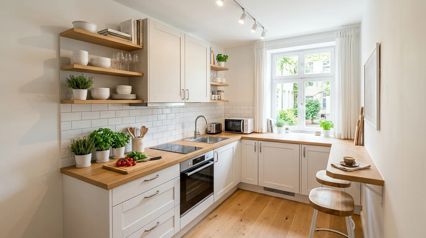 All white kitchen with skylight and soft woven accents