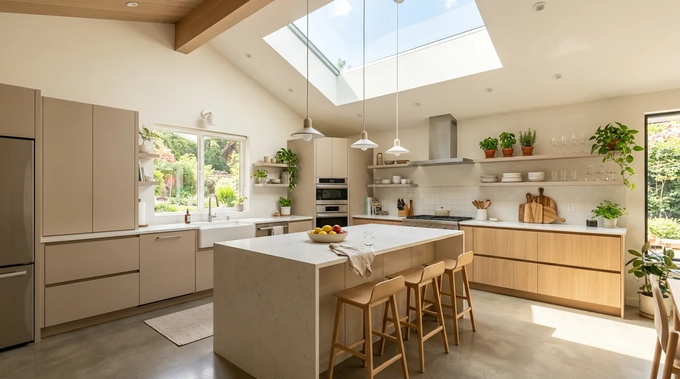 Kitchen with sage green lower cabinets and warm brass details