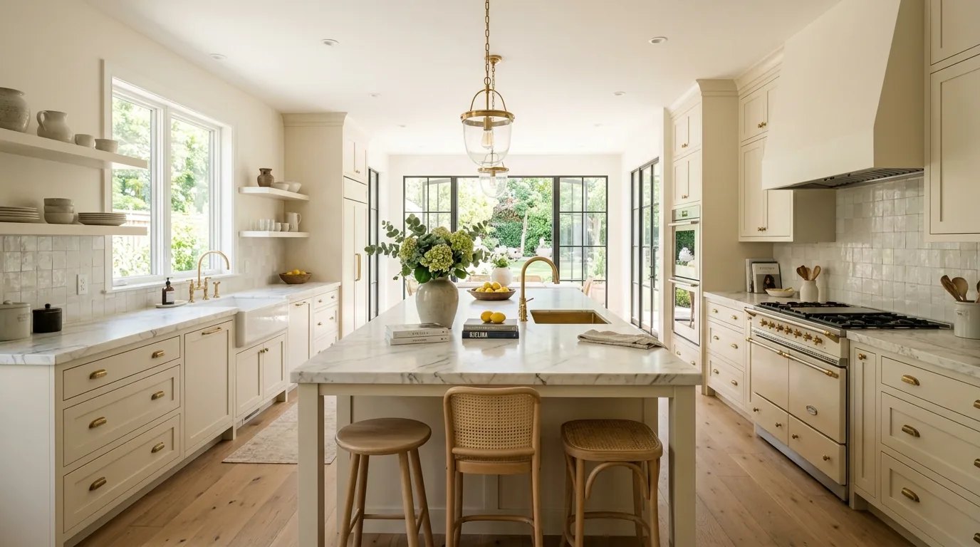 Airy farmhouse kitchen with apron sink