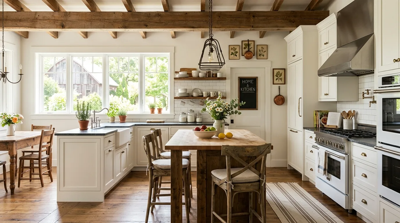 Minimal kitchen with flush cabinets and long island under bright daylight