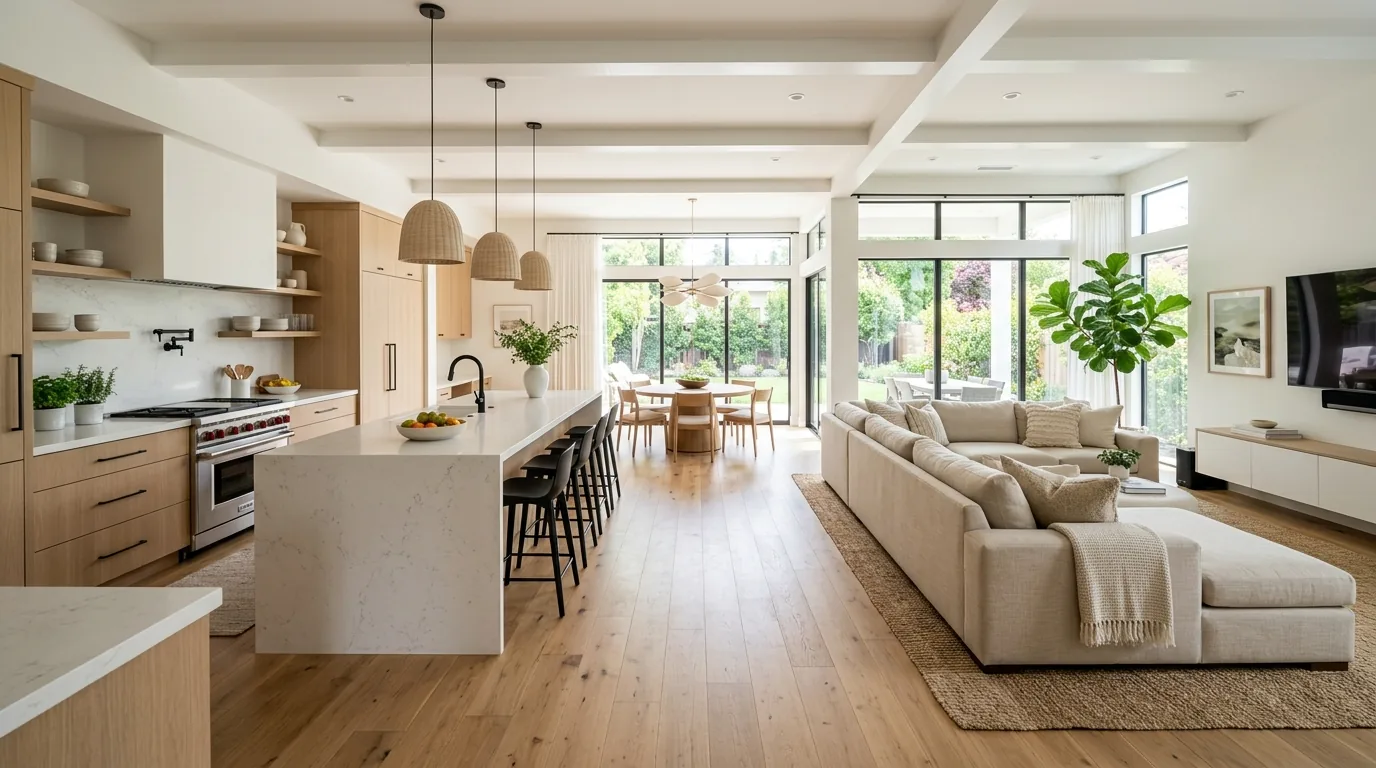 Fresh apartment kitchen with narrow island cart and light reflective backsplash