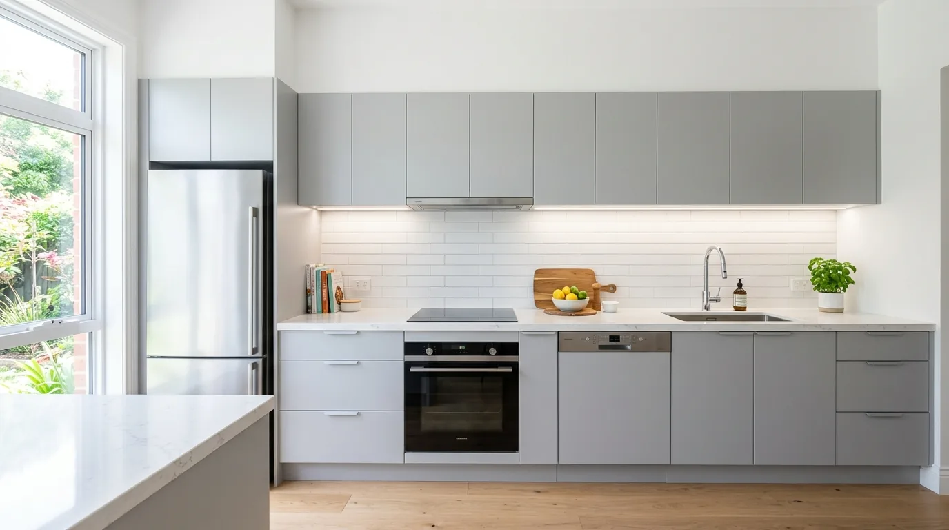 Luxury kitchen with creamy veined stone