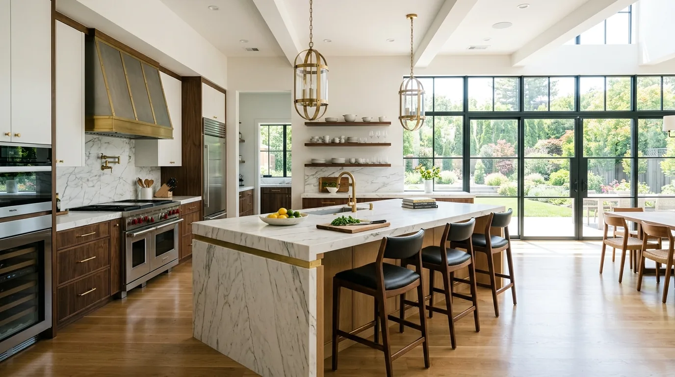 Bright galley kitchen with mirrored backsplash and pale cabinetry