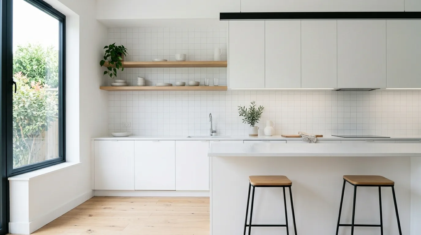Warm kitchen with butcher block counters and creamy cabinets