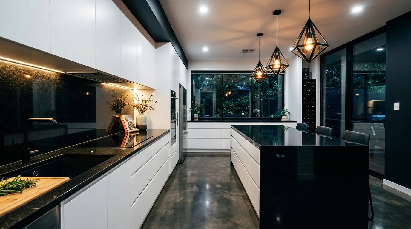 Matte black stone countertop paired with pale oak cabinetry
