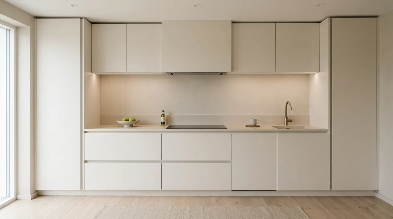 Soft taupe quartz countertop in contemporary kitchen with brass hardware