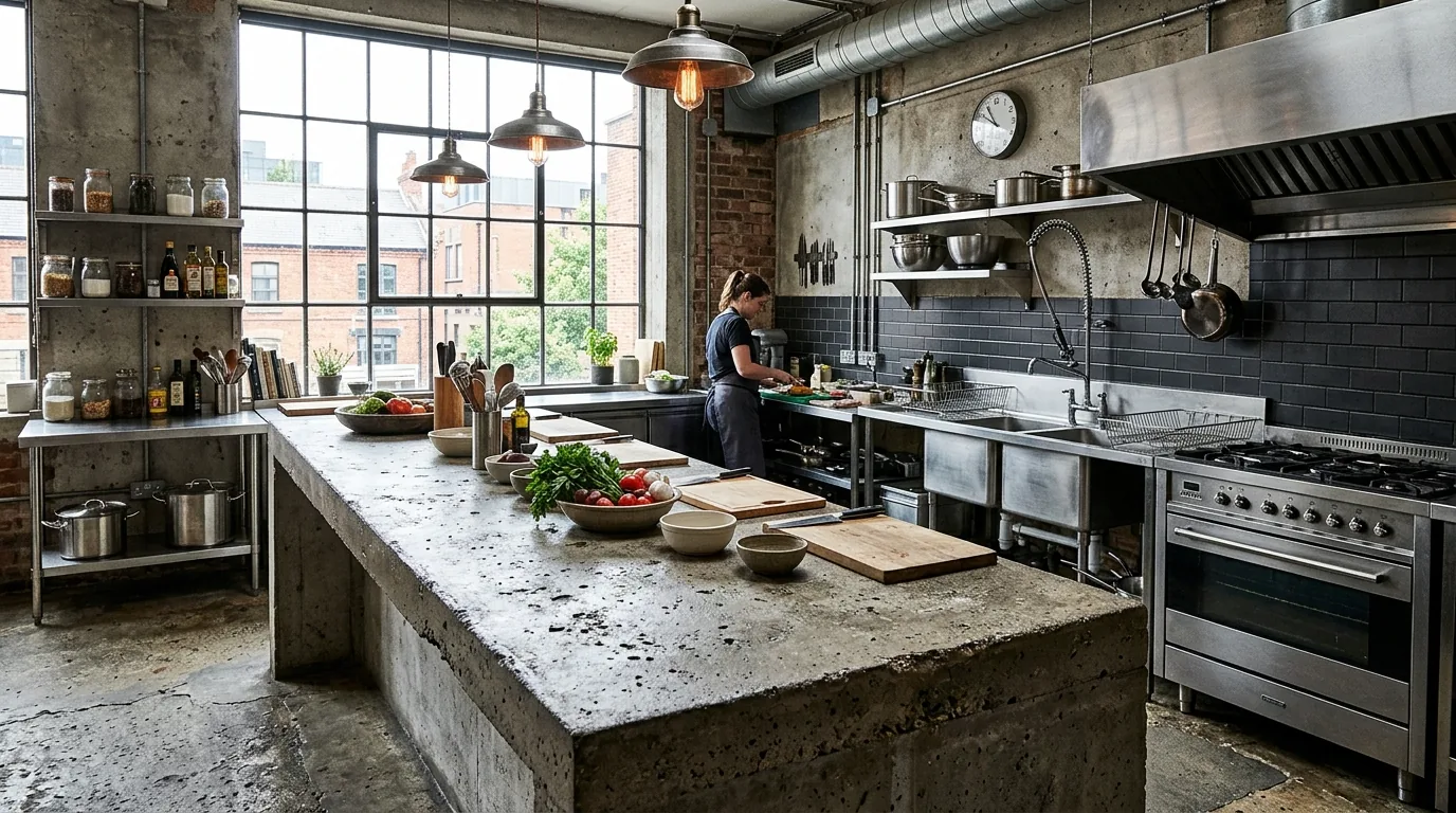 Small apartment kitchen with slim white countertop and reflective backsplash