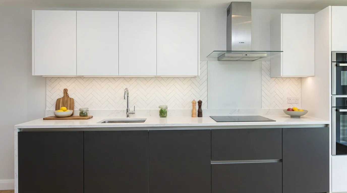 Coastal kitchen with light speckled stone counters and breezy blue accents